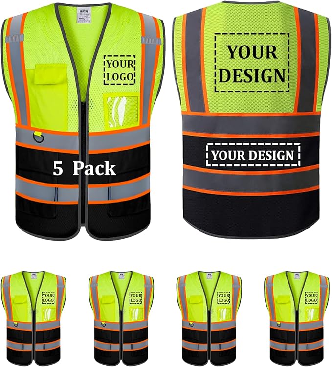 BeautyWill 5 Pack Custom Mesh Safety Vest Customized Logo Class2 High Visibility Reflective Vest with Pockets Construction workwear（Yellow Black，3XL ）