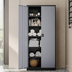 71” Tall Metal Storage Cabinet- Steel File Cabinets with Lockable Doors and Adjustable Shelves-Black&Gray Steel Storage Cabinet for Home,Kitchen, School, Office, Garage