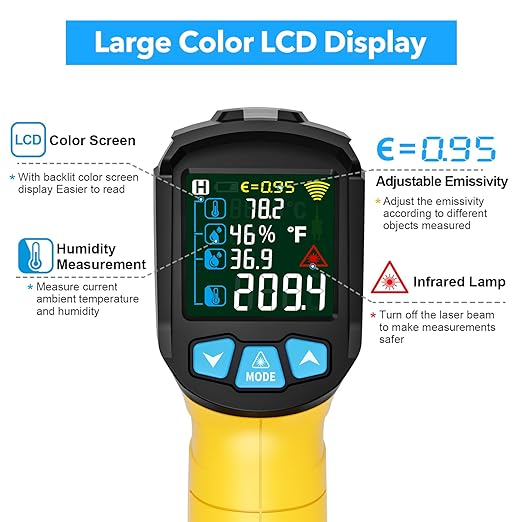 Infrared Thermometer Gun, TEMIRUP Non Contact Digital Laser Temperature Gun with K-Probe for Industrial, Cooking, Griddle,Engine, HVAC, Humidity,Adjustable Emissivity -58°F to 1472°F(-50~800°C)