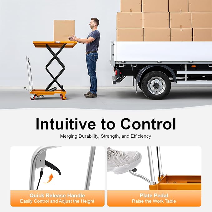 Hydraulic Lift Cart, Double Scissor Design with 770 lbs Load Capacity, 49.6" Max Lift, 4 Locking PU Wheels & Safety Guard for Material Handling and Transportation