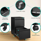 SISESOL Assembled 2 Drawer File Cabinet on Wheels,Metal Filing Cabinet with Lock,Black Rolling File Cabinets,Under Desk Office Cabinets for Home Office,Fit A4/Letter/Legal,Pre-Assembled Except Caster