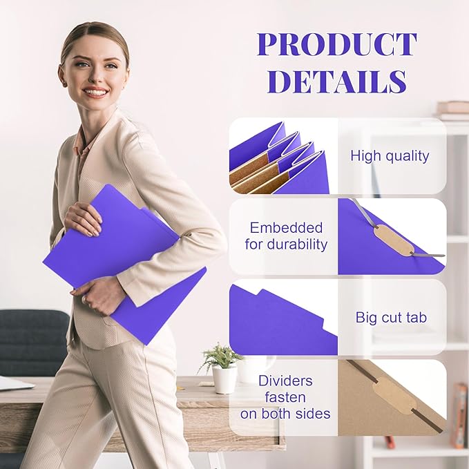 12 Pcs Classification Folders Letter Size 3 Pocket Dividers Employee File Folder with 2 Prongs Fasteners, 2 in Expansion Heavy Duty Pressboard File Holder for School Office Medical Document(Purple)