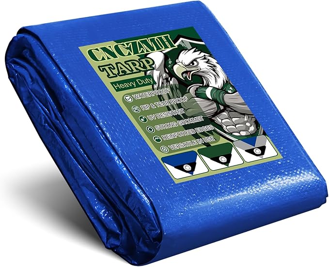 Tarp Waterproof 10x20 Feet, 8 Mil Thick Finished Size Blue Poly Tarpaulin Outdoor, Metal Grommets, Reinforced Edges, Multipurpose Tarps Protective Cover for Camping Boat Plant