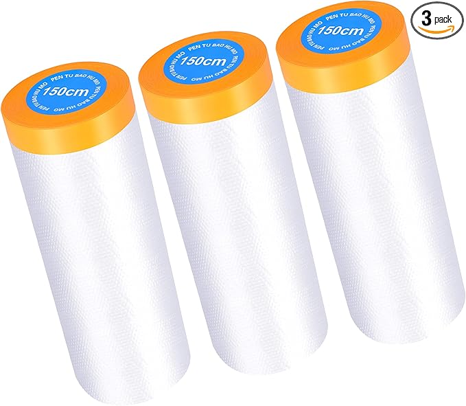 Muf 5 x 65 Feet Plastic Drop Cloth Plastic Sheeting with Masking Tape,Waterproof Protective Masking Film,Prevent Dust Paint for Car,Furniture,Carpet,Floor,3 Pack