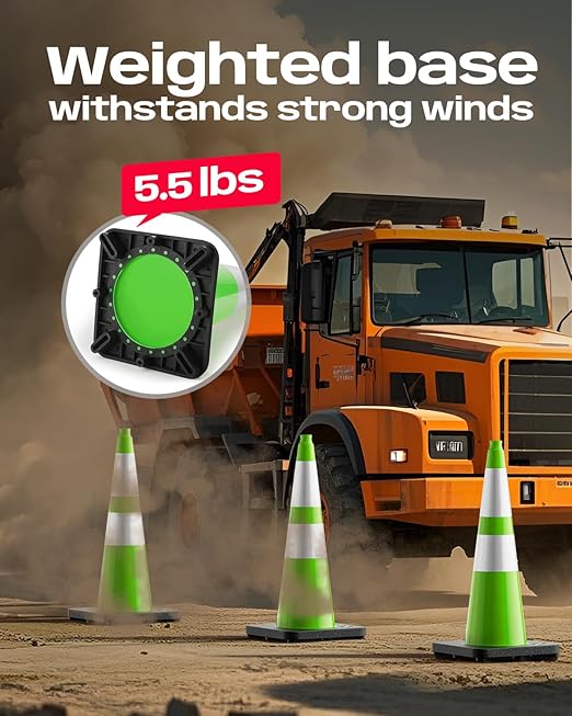 BATTIFE 28 Inch Traffic Cones with Black Weighted Base, PVC Green Safety Cones for Traffic Control, Construction Events, Driveways, and Parking Lots (6 Pack)