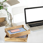 BTSKY 2PCS Vintage Wood Letter Tray with Anti-Slip Bars, Stackable A4 Paper Document File Organizer, Solid Wood Desktop Office Desk Storage Holder for Office and Home