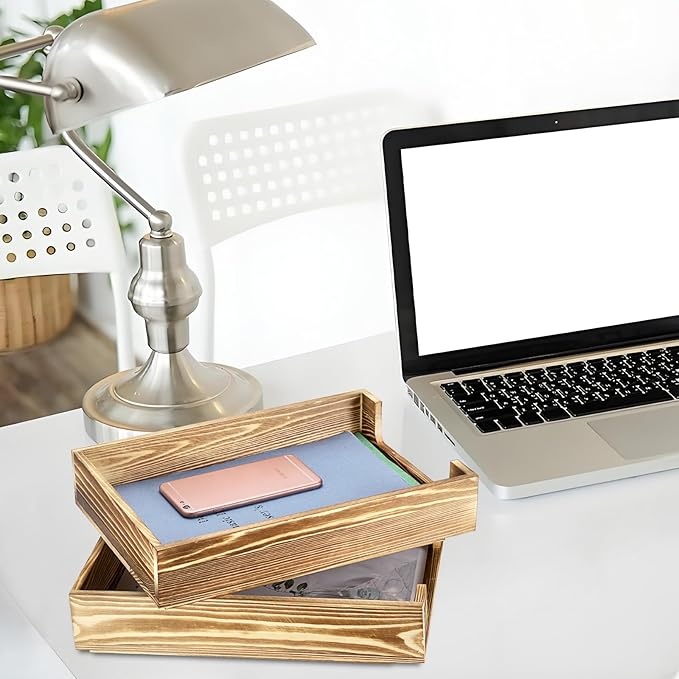 BTSKY 2PCS Vintage Wood Letter Tray with Anti-Slip Bars, Stackable A4 Paper Document File Organizer, Solid Wood Desktop Office Desk Storage Holder for Office and Home