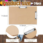 Henoyso 24 Pcs 11x17 Clipboard Wooden Lap Board with Low Profile Clip Brown Double Landscape Clip Hardboard Drawing Board Landscape Horizontal Large Clipboard for Desk Paper Sketching Art Supplies