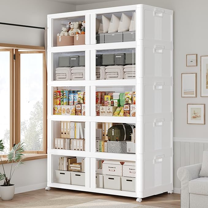 1000Qt Large Stackable Storage Bins with Lid, 250Gal Plastic Closet Organizer and Storage Box with Wheels, Collapsible Storage Cabinet with Clear Door for Home Kitchen Office Dorm, 5Pack White