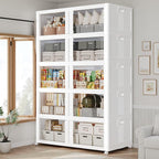 1000Qt Large Stackable Storage Bins with Lid, 250Gal Plastic Closet Organizer and Storage Box with Wheels, Collapsible Storage Cabinet with Clear Door for Home Kitchen Office Dorm, 5Pack White
