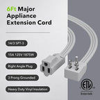 BN-LINK 6ft Air Conditioner Extension Cord, 14 Gauge Heavy Duty Power Cord, Gray, 3 Prong Grounded Flat Plug, 15 Amps, for Indoor Air Conditioner, Refrigerator and All Major Appliances