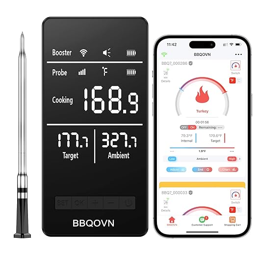 WiFi Sub-1G Wireless Meat Thermometer Unlimited Range 7 NIST Cert.Sensors IP68 With Ambient Temp Accuracy ±0.5°F APP&Magnet Smart Digital Base,Monitor for BBQ, Grill,Oven,Smoker (1,Grey,Small)