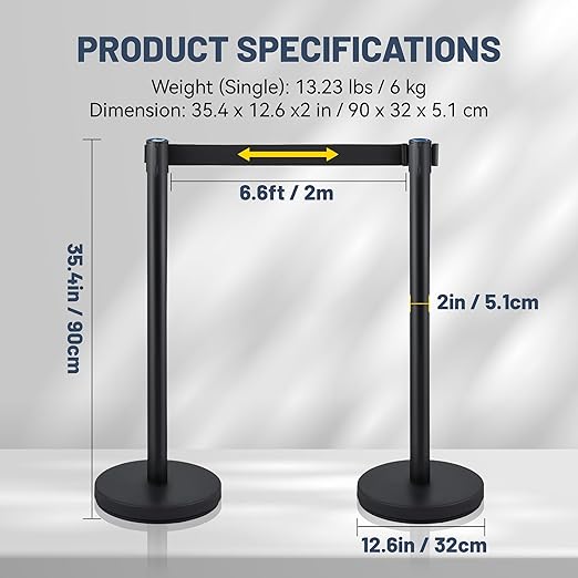 6-Pack Black Stanchion Posts with Retractable Belts, Hollow Sand-Fillable Base for Maximum Stability, Crowd Control Queue Barriers for Theaters, Parties, Weddings, Exhibitions