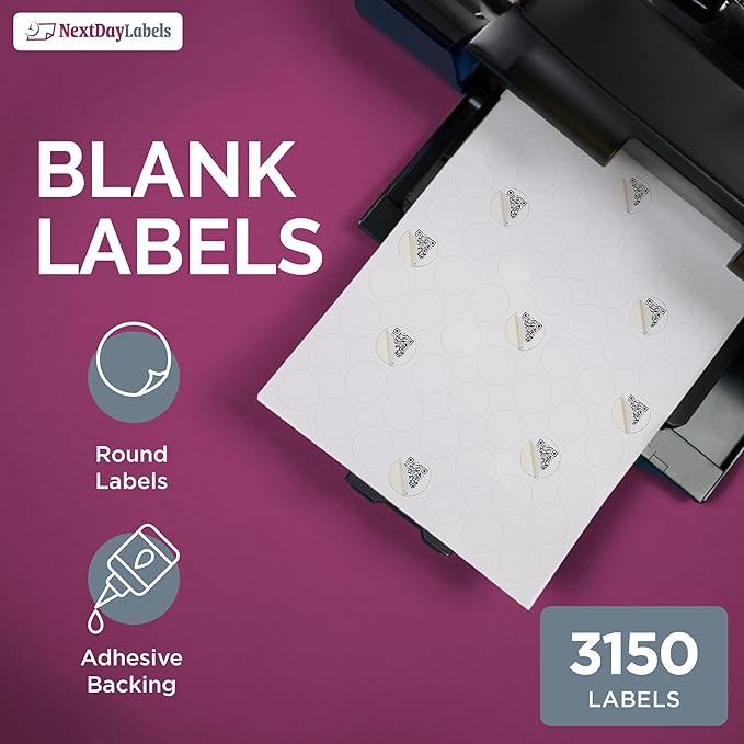 NextDayLabels - 1 Inch Round Circle Stickers - Matte White Blank Laser/Inkjet Printer Labels (50 Sheets, 3150 Labels)