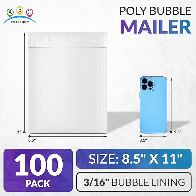 ABC PACK & SUPPLY Poly Bubble Mailers, 8.5 x 11 Inch. Pack of 100 White Padded Envelopes Self Seal. Tear-Proof Gift Bubble Envelopes. Waterproof Packaging for Small Business. Cushioning Book Mailers