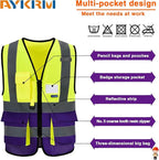Yellow&Purple 4XL-5XLHigh Visibility Safety Vest with ZIPPER 4 Reflective Strips 7 Pockets