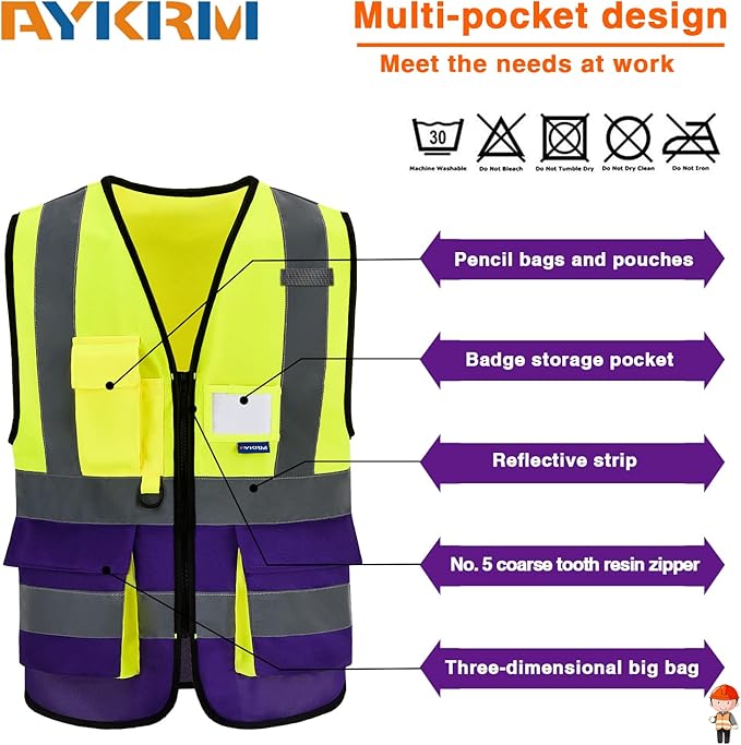 Yellow&Purple X-Small High Visibility REFLECTIVE Safety Vest with 4 Reflective Strips 7 Pockets ZIPPER