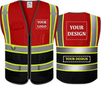 BeautyWill Custom Safety Vest Customized Logo Mesh Vest Class2 High Visibility Reflective Vest with Pockets Workwear（Red Black，M ）