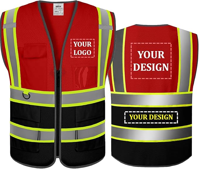 Custom Mesh Safety Vest Customized Logo Class2 High Visibility Reflective Vest with Pockets Construction workwear（Red Black，4XL ）
