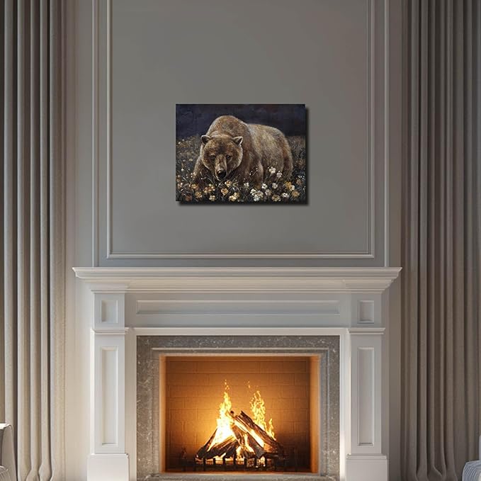 ZHENGYIN Brown Grizzly Bear Wall Art, Rustic Cabin Lodge Wildlife Canvas Print, Mountain Forest Animal Wall Decor for Living Room Bedroom Office, 12x16 Inch