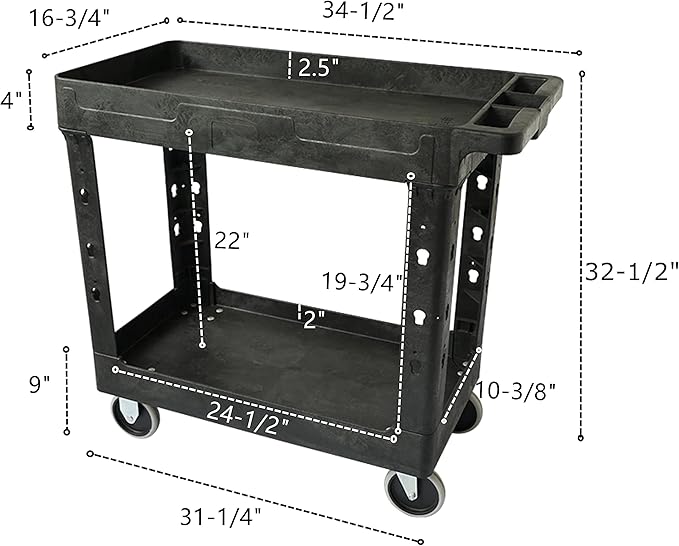 550lb Capacity Heavy Duty Plastic Utility Cart 34-1/2" L x 16-3/4" W with Handle 2 Shelves Pake Handling Tools