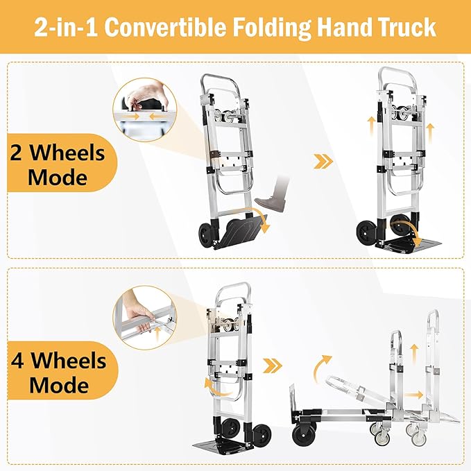 600 LBS Dolly Cart with Wheels, 3 in 1 Folding Hand Truck with Retractable Handle, Aluminum Heavy Duty Hand Cart with 4 Wheels, Collapsible Hand Truck Dolly for Warehouse, Home, Supermarket