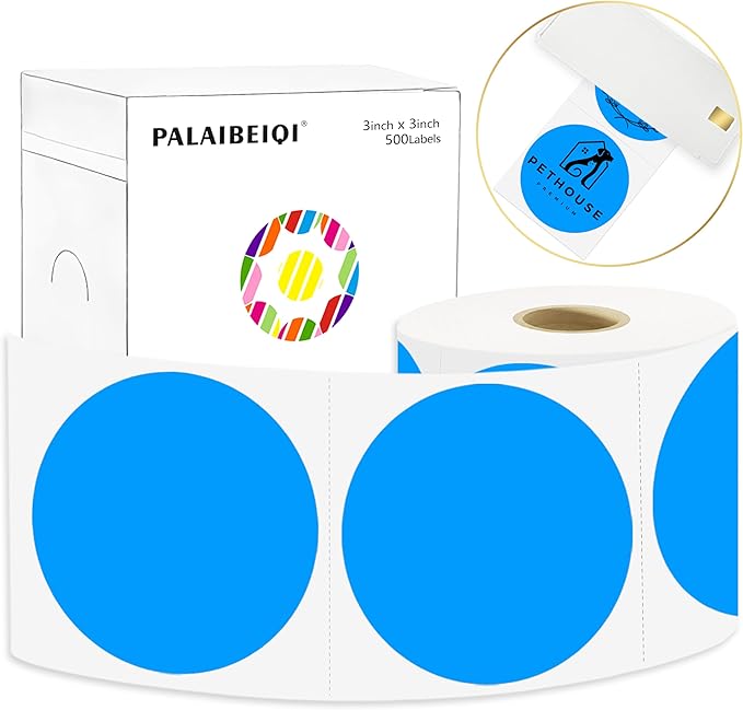 3 X 3 Inch Round Thermal Labels Circle Color Coding Labels Printable Waterproof 500PCS Round Stickers Adhesive Writable for Office, Garage, DIY Sticker, Barcodes, Name Tag, Fluorescent Blue
