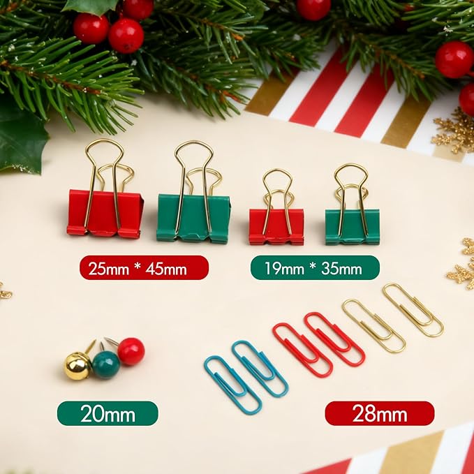 Cute Paper Clips Binder Clips Combo Set, 165 Psc, Assorted Size Paper Clips for Office, Cute Office Supplies Set, Purple (Christmas)
