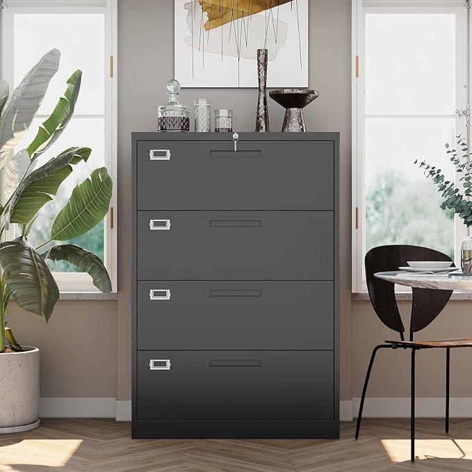 File Cabinet 4 Drawer, Lateral Filing Cabinet with Lock, Metal File Cabinets for Home Office, Office Cabinet for Hanging Files Letter/Legal/F4/A4, Assembly Required, Black