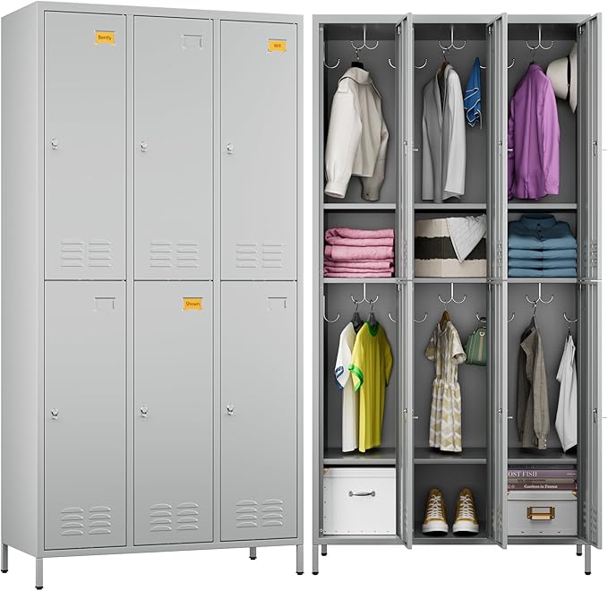 Employees Locker, 72 inch Tall Metal Storage Locker with 6 Doors for School Hospital Garage Gym Home Office with 12 Hooks, Requires Assembly