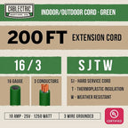 Long Outdoor Extension Cord 200 ft - 16/3 SJTW Green Extension Cord 3 Prong Grounded Plug, Weatherproof Heavy Duty Exterior Power Cable Great for Outside, Landscaping & Lawn - UL Certified