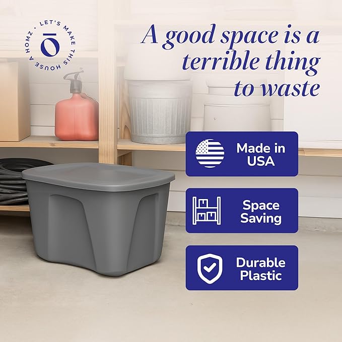 HOMZ 8-Pack Durable Molded Bin, Plastic Storage Containers w/Lids, 18 Gallon, Gray - Stackable Organizer Totes and Boxes for Bedroom, Kitchen, and Garage Organization