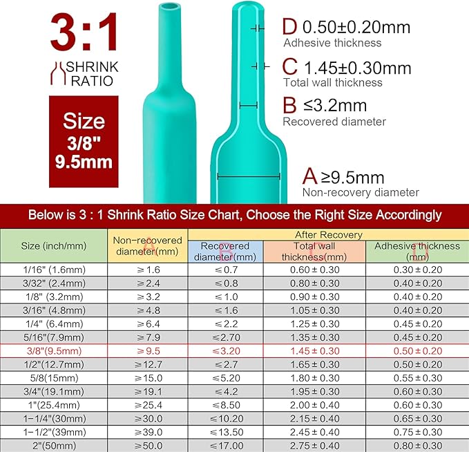 Chanzon 3:1 Ratio - 80ft Roll - Heat Shrink Tubing 3/8" (9.5mm) - Marine Grade Waterproof Adhesive Lined - (25M Total Length) Green Polyolefin Sleeving Wrap Shrinking 3 to 1 Ratio 1pcs