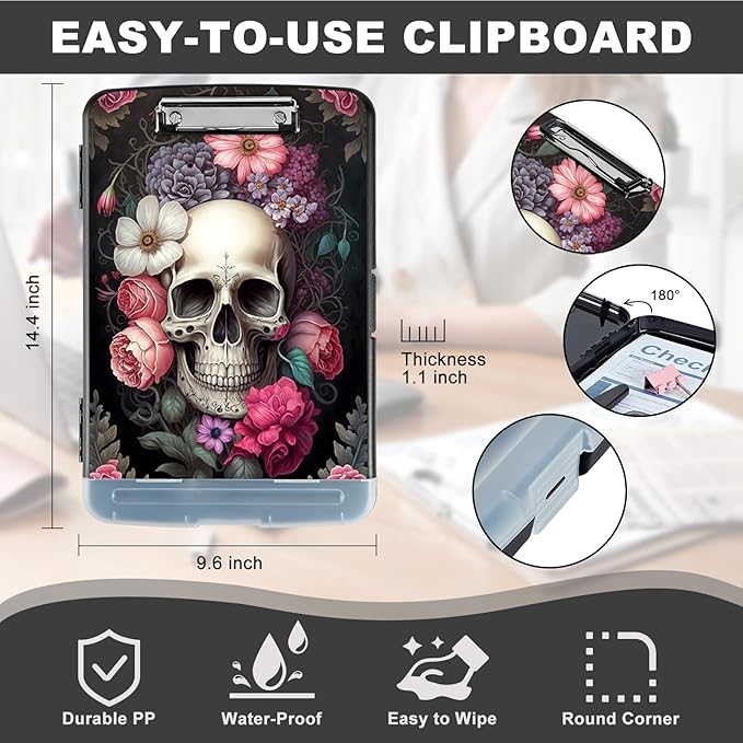 Clipboard with Storage,Heavy Duty Plastic Storage Clipboard with Low Profile Clip,Teacher Must Haves,Office Supplies,Rose Flower Skull