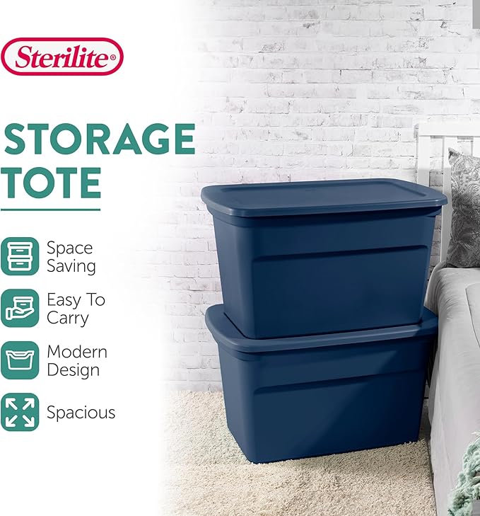 Sterilite 18-Pack Tote, Plastic Storage Bins with Snap Lids, 30 Gallon, Marine Blue - Stackable Home Organizers with In-Molded Handles for Bedroom, Garage, Basement and Attic