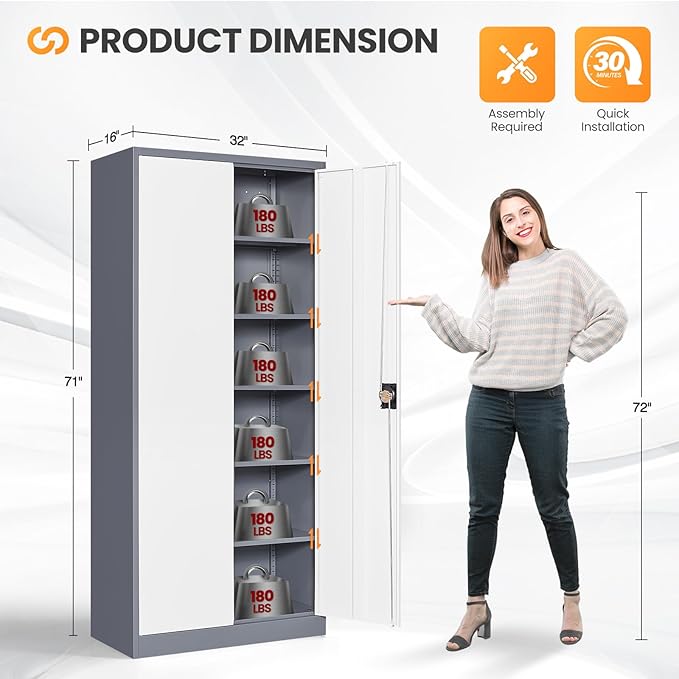 Metal Garage Storage Cabinets with Lock, 71" Tall Tool Cabinet with 2 Door and 5 Adjustable Shelves, Locking Garage Cabinets and Lockable Steel Locker for Home Office Warehouse-(Gray White-71”H)