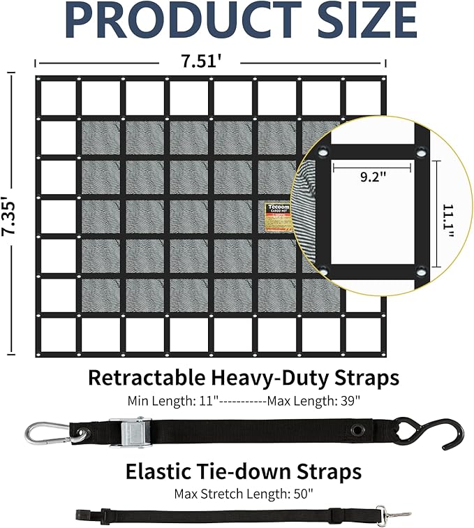 Tecoom Truck Bed Net, Heavy Duty with Mesh - 7.51' x 7.35' Truck Bed Bungee Net Mesh with Capacity 1,500 lbs - Compatible with Trailer, Trucks, Boat, Jeep, Pickup