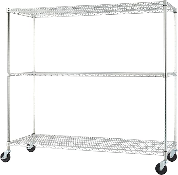 Trinity Basics 3-Tier Adjustable Wire Shelving with Wheels for Kitchen Organization, Garage Storage, Laundry Room, NSF Certified, 600 to 1350 Pound Capacity, 60” by 24” by 54”, EcoStorage Chrome