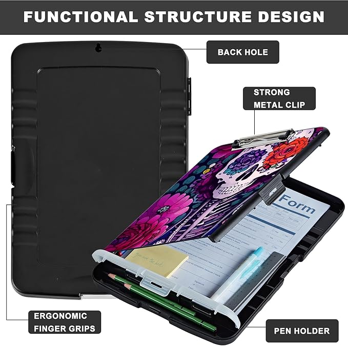 Clipboard with Storage,Heavy Duty Plastic Storage Clipboard with Low Profile Clip,Teacher Must Haves,Office Supplies,Skeleton Rose Flowers
