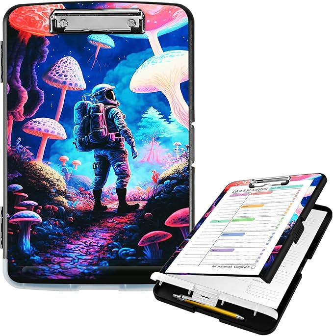 Clipboard with Storage High Capacity Plastic Nursing Clipboards with Pen Holder File Folder Storage Box Clipboard with Heavy Duty Clips for Teacher,Doctor,Offices-Astronaut Under Mushroom