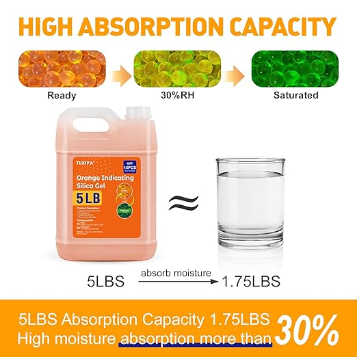 5 LBS Orange Indicating Silica Gel Desiccant Beads,(Industry Standard 3-5 mm) Rechargeable Silica Gel Beads for 3D Filament, Electronic Devices, Camera, Jewelry, Safe(15PCS Organza Bag)
