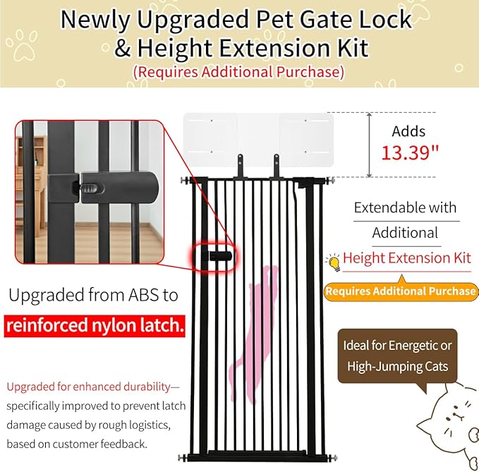 Lumizone Extra Tall Cat Gate 61.02" High Pressure Mounted Extra Wide 2025 New (17 Sizes) 1.37" Gap No Drilling Auto-Close One-Handed Operation Tall Pet Gate for Dogs(Black, 61.02" H x 50.98"-55.11" W)