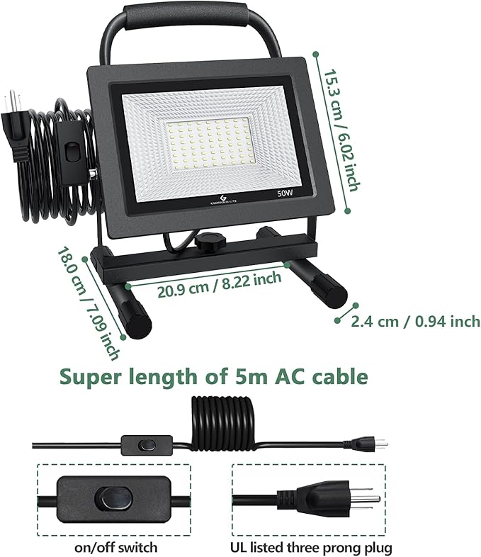 GLORIOUS-LITE 50W LED Work Light, 5000LM LED Flood Lights, 400W Equivalent, IP66 Waterproof, 16ft 5m Cord with Plug, 6500K, Adjustable Working Lights for Workshop Garage, Construction Site