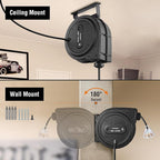 SURAIELEC 12 Gauge Extension Cord Reel, 60 FT Retractable Extension Cord, 12 AWG/3C SJTOW Heavy Duty Power Cord, 13 AMP Circuit Breaker, Lighted Triple Tap, Ceiling or Wall Mount, ETL Listed, Black