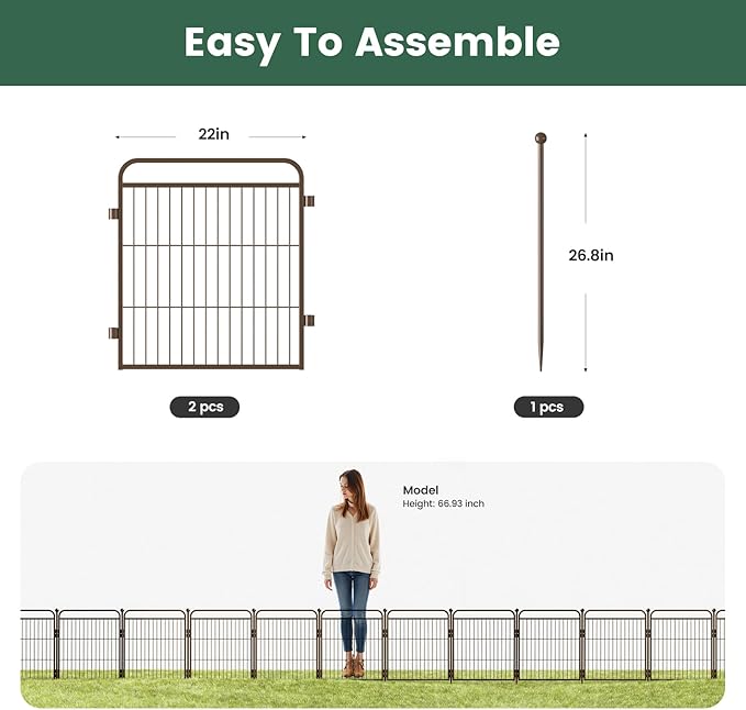 Decorative Garden Fence 24in(H) x44in(L), Thicken 2 Panels Metal No Dig Outdoor Dog Fence for Yard,Heavy Duty Animal Barrier for Dog and Rabbit, Garden Border Fence, Brown