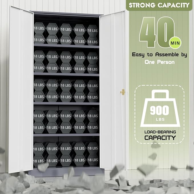 SUNCROWN 72" Metal Storage Cabinet - Heavy-Duty Metal Garage Cabinet with 4 Adjustable Shelves & 2 Doors for Tools, Office, Home, Workshop,Grey & White