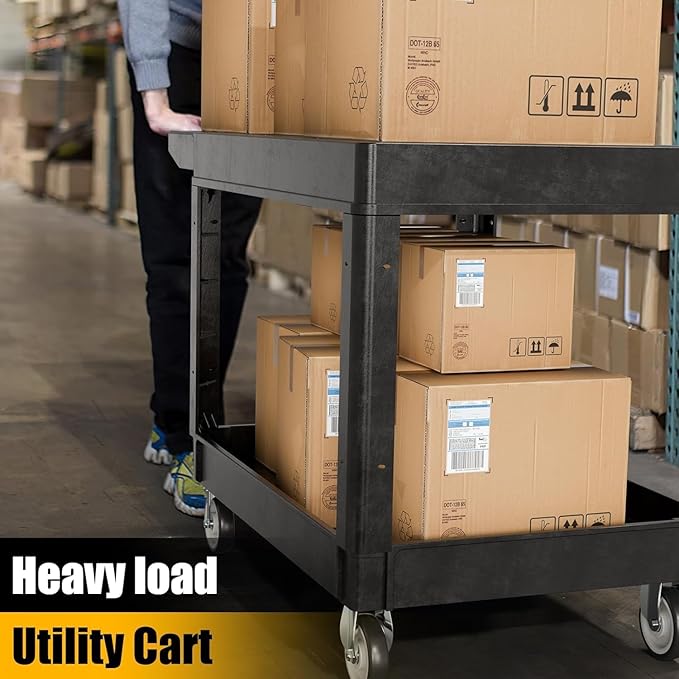 2 Tier Rolling Utility Cart on Wheels, 1000 lbs Capacity Flat Top Plastic Service Cart with Lipped Shelves, 46 x 26-Inch Heavy Duty Work Cart for Warehouse, Garage, Cleaning, Black