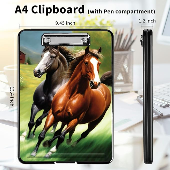A4 Clipboards,Heavy Duty Waterproof Nursing Plastic Folder Clipboard with Storage Clip Boards,File Folder Storage Box Clipboard Case for Teacher,Doctor,Offices,Running Horse