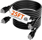 HUANCHAIN Indoor Outdoor Black Extension Cord 25 ft 2 Pack Waterproof, 16/3 Gauge Flexible Cold-Resistant Appliance Cable Outside, 13A 1625W 16AWG SJTW, 3 Prong Electric Cord, ETL