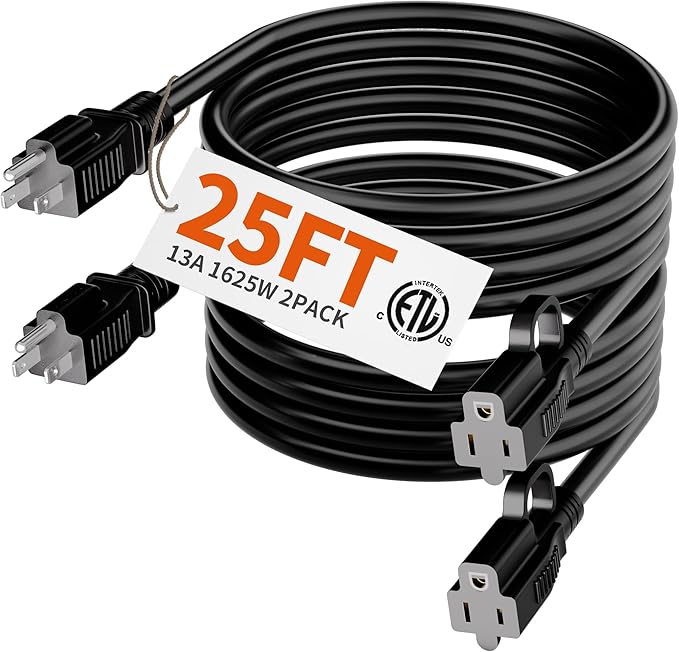 HUANCHAIN Indoor Outdoor Black Extension Cord 25 ft 2 Pack Waterproof, 16/3 Gauge Flexible Cold-Resistant Appliance Cable Outside, 13A 1625W 16AWG SJTW, 3 Prong Electric Cord, ETL